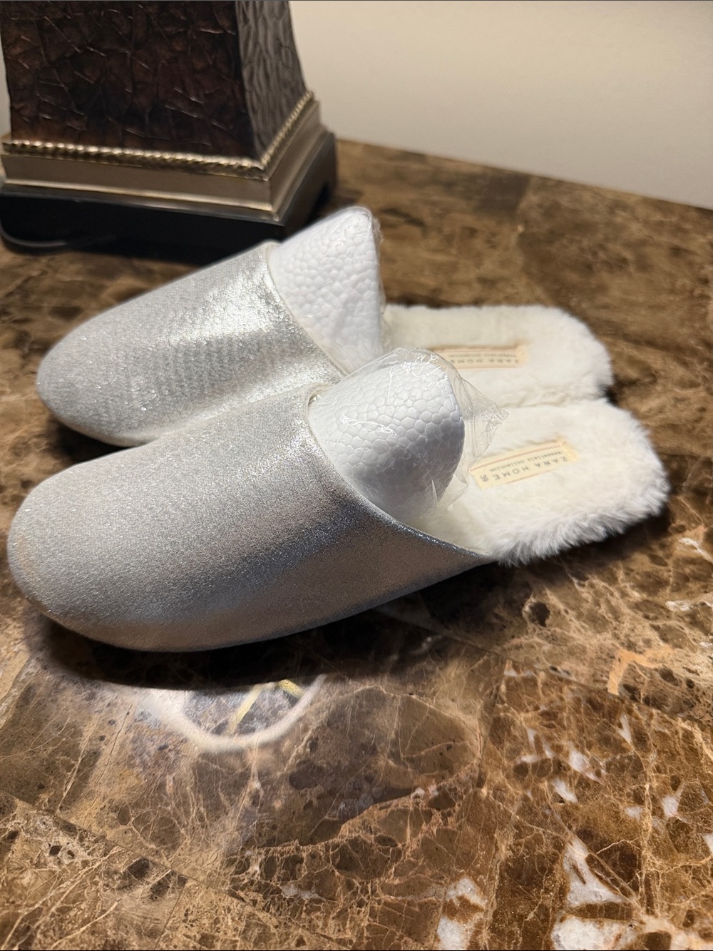 Zara Metallic Silver Faux-Fur Slide Slippers